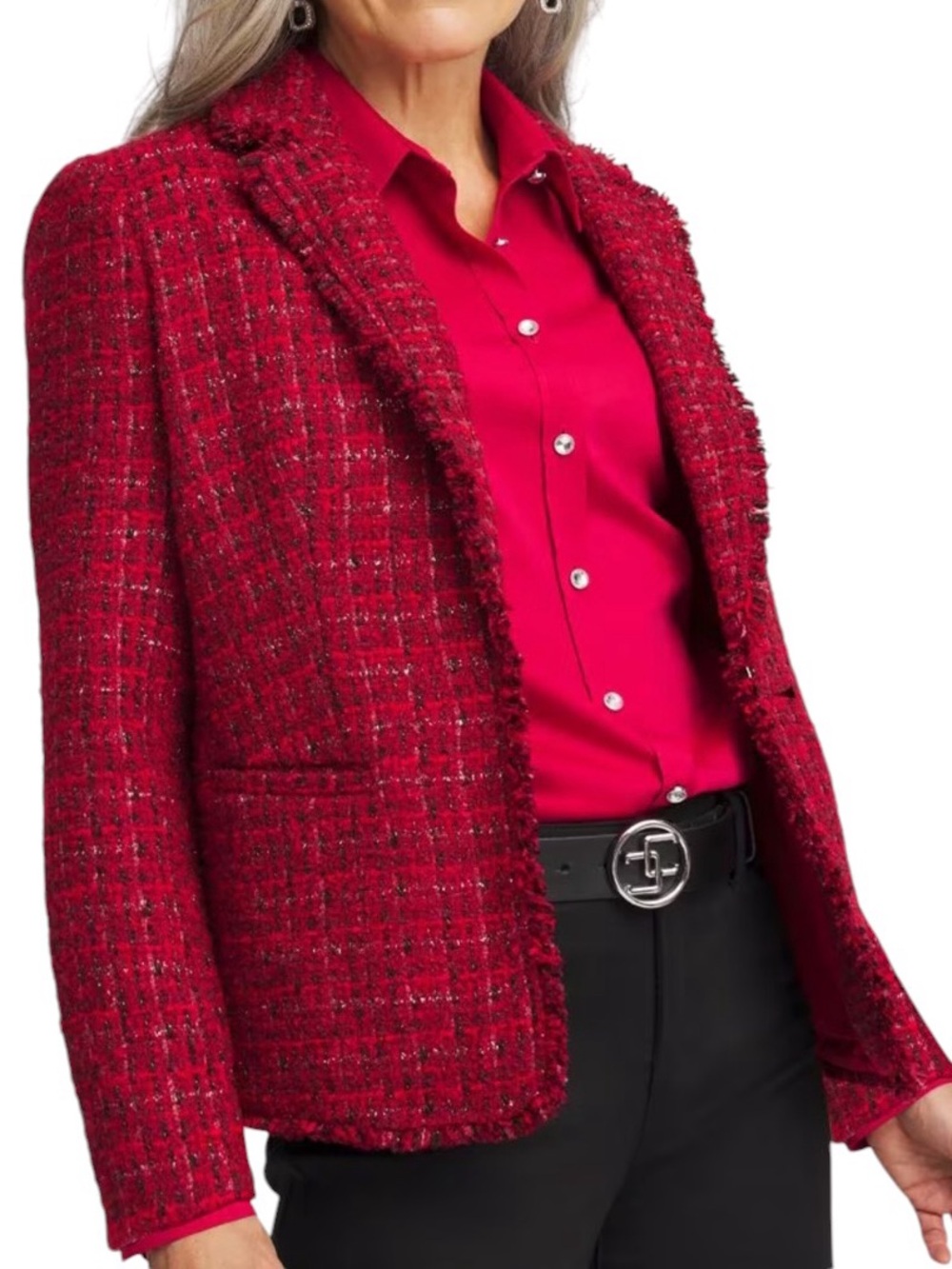 Chicos Red Tweed Sequins Blazer Elegant Fringe Trim Feminine Lady Jacket Size 14